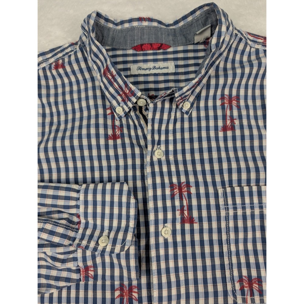 Tommy Bahama Check Palm Tree Shirt Men's 2XLB Blue Long Sleeve Button Down
